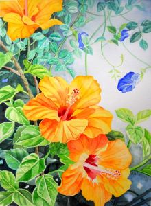 Yellow Hibiscus and Blue Clitoria II